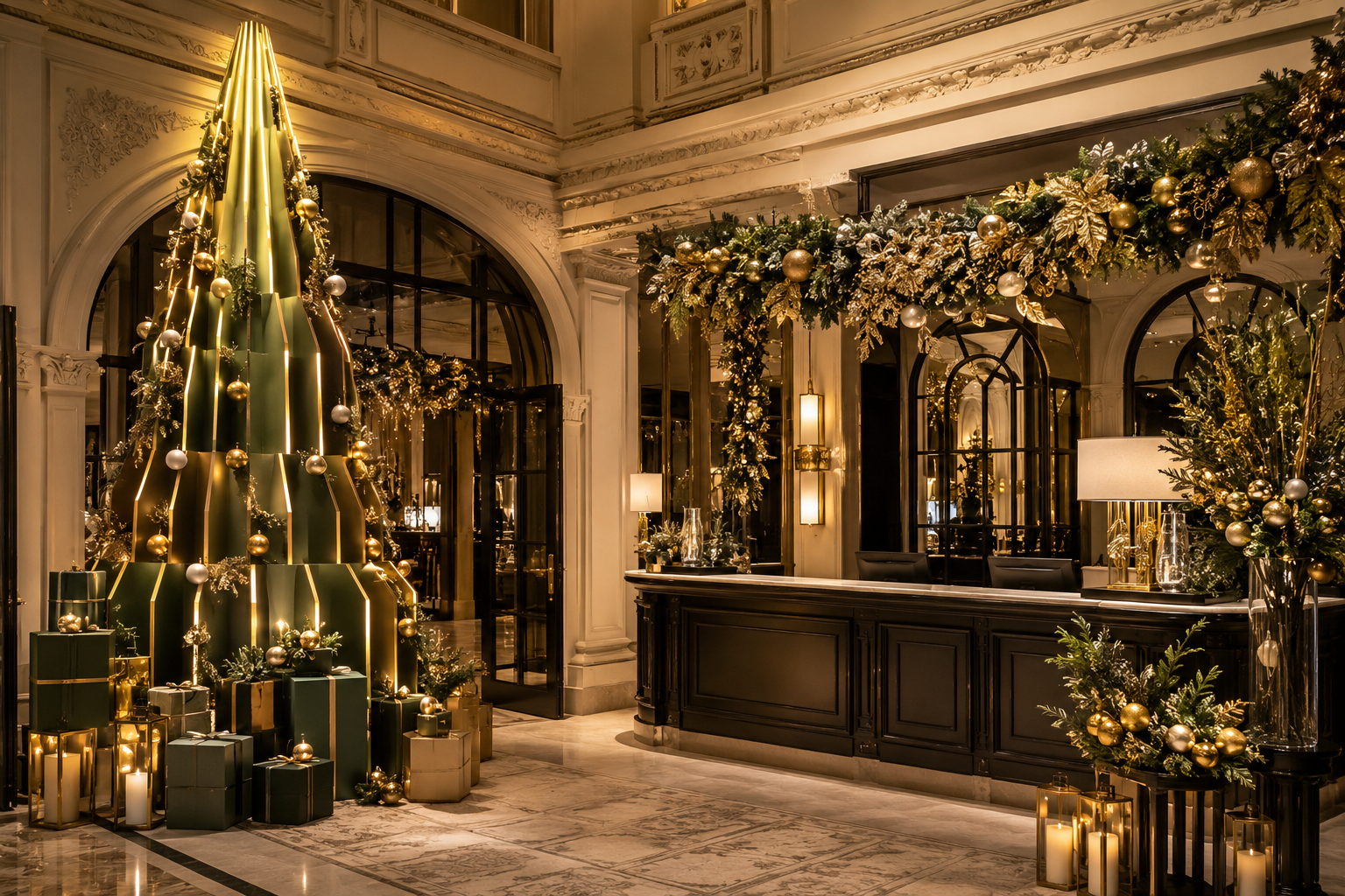 Lobby d’hôtel décoré pour Noël avec installation architecturale verte et dorée