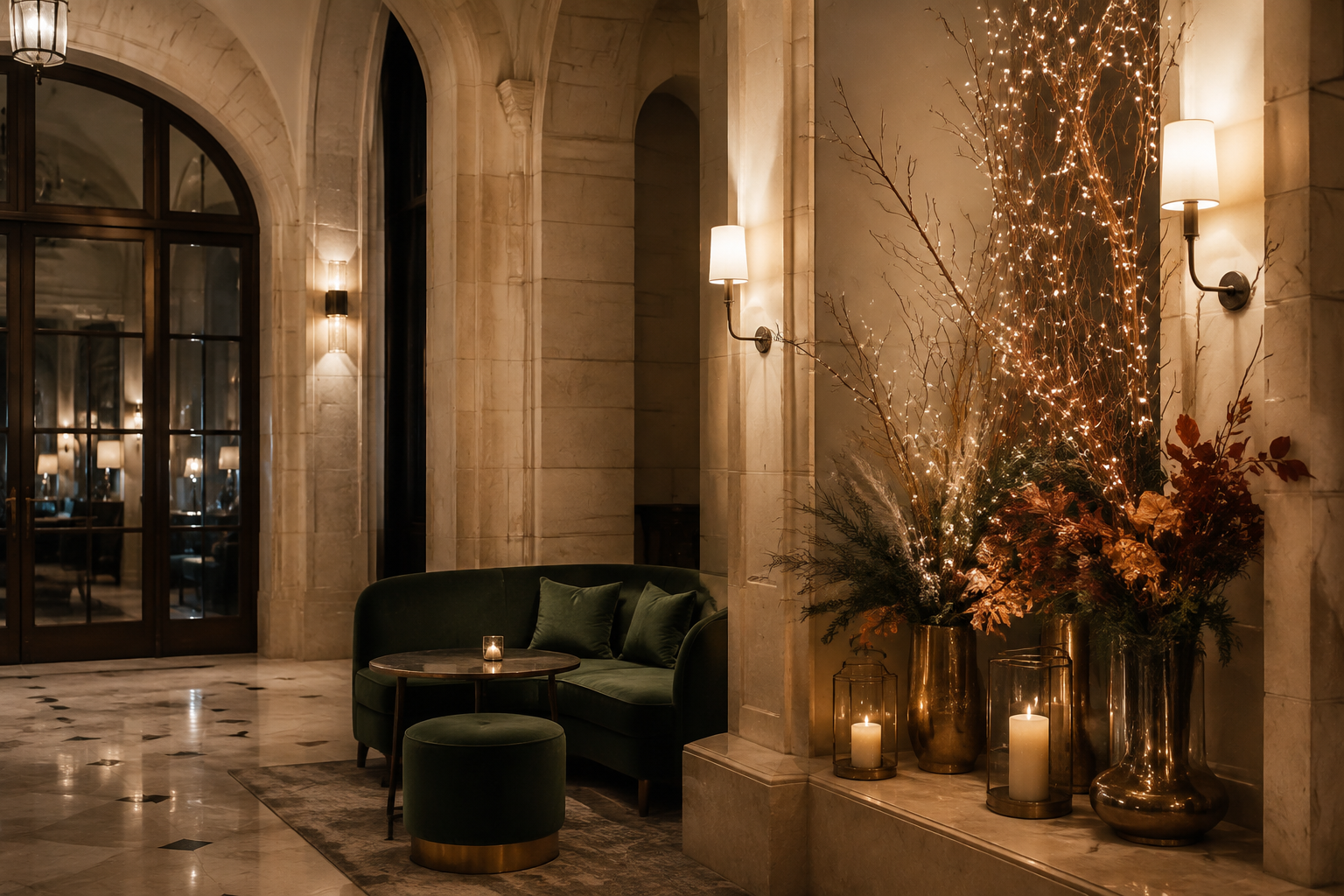 Lobby d’hôtel parisien avec décoration saisonnière élégante