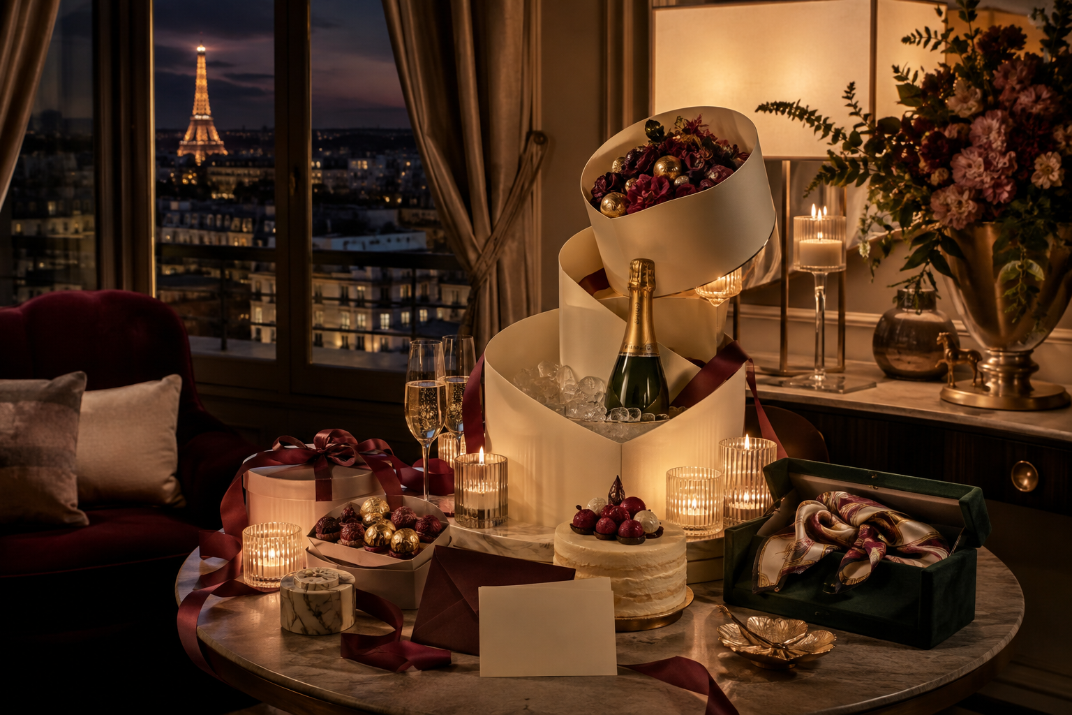 Pack romance et célébration haut de gamme installé dans une suite parisienne